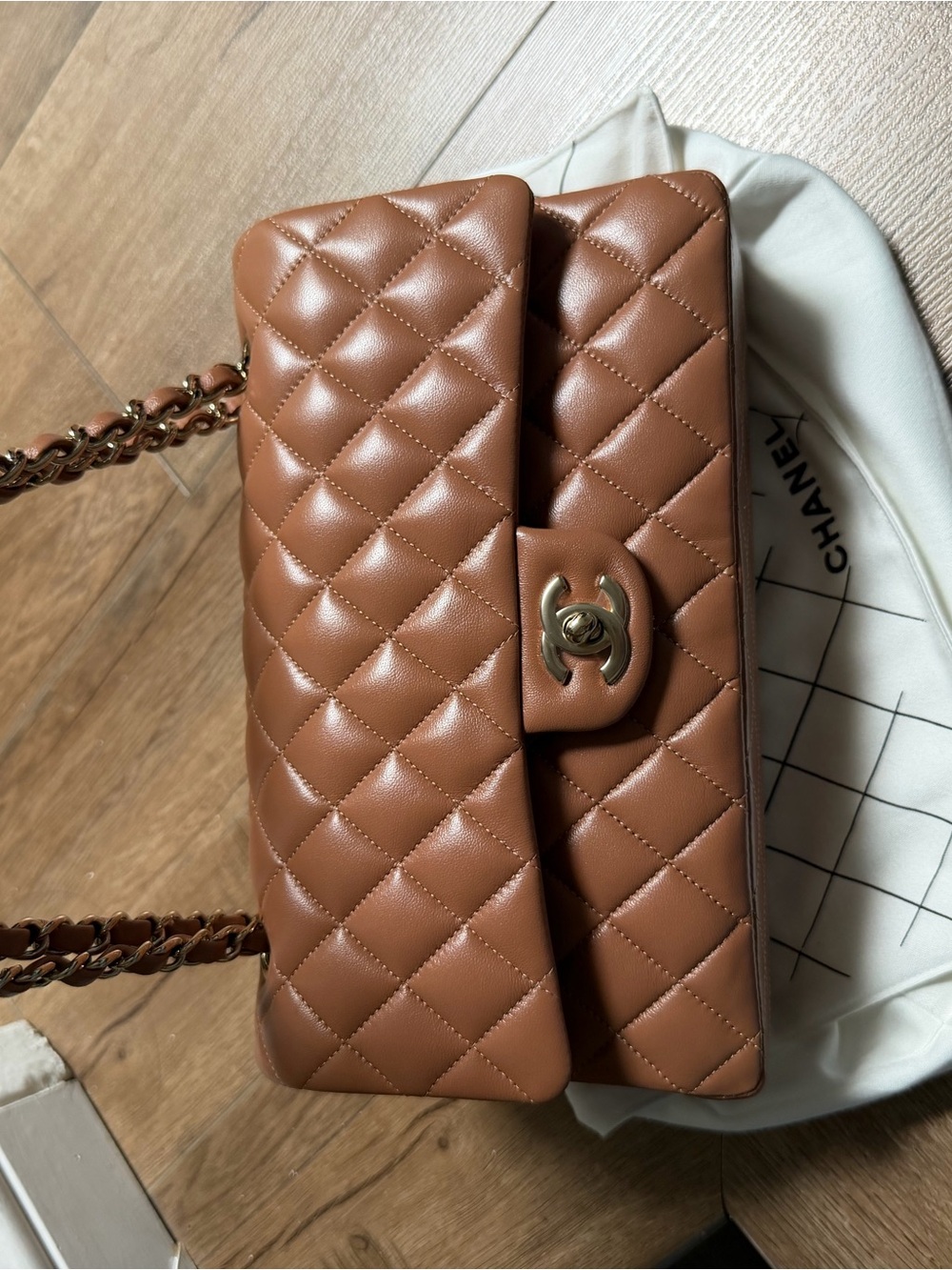 CHANEL Quilted Lambskin Double Flap Shoulder Bag in Cognac Brown